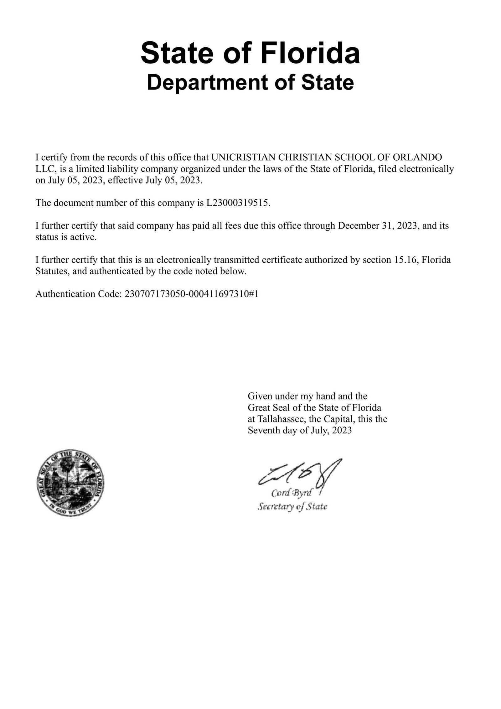 Certificado de Registro da Flórida